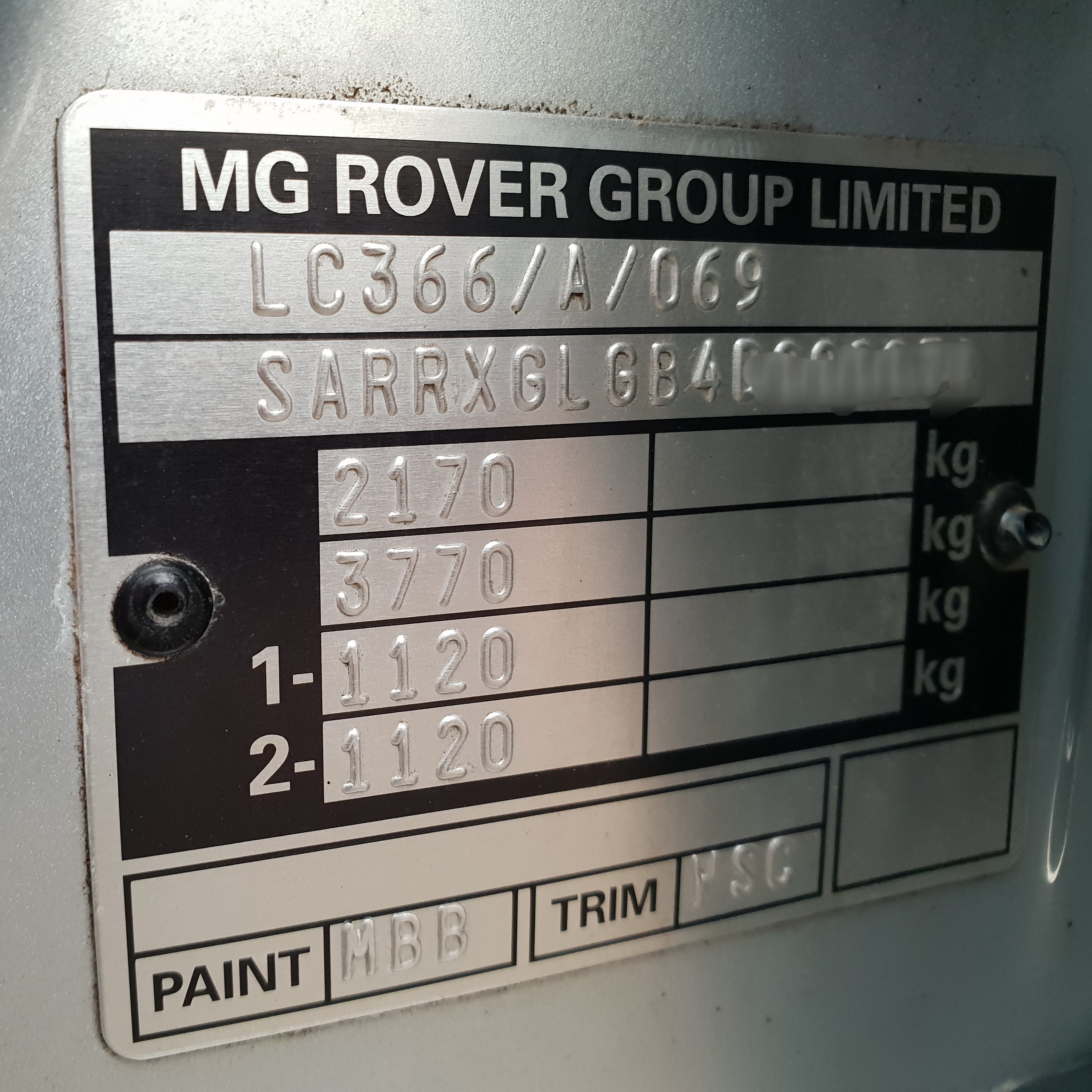 MG Rover spec plare